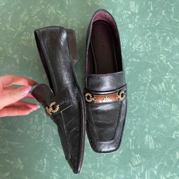 Black Leather Tory Burch Perrine Square Toe Loafer - Size 10.5 - Picture 1 of 7